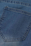 Dark Blue Casual Solid Patchwork High Waist Denim Jeans