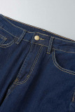 Blue Casual Solid Patchwork High Waist Denim Jeans