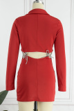 Red Sexy Solid Hot Drilling Chains Turndown Collar Pencil Skirt Dresses