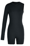 Black Sexy Sportswear Solid Patchwork Asymmetrical O Neck Skinny Rompers