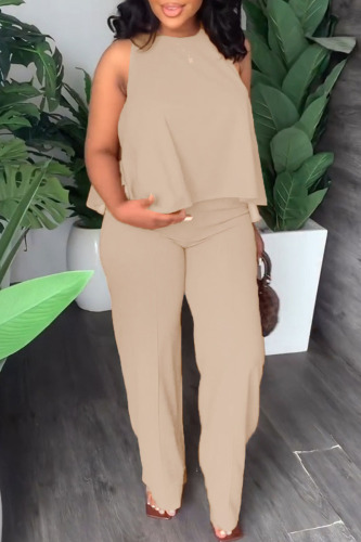 Khaki Casual Solid Patchwork O Neck Sleeveless Two Pieces