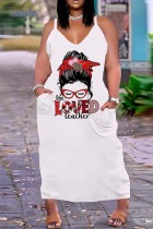 White Red Sexy Print Backless Spaghetti Strap Long Dress Plus Size Dresses