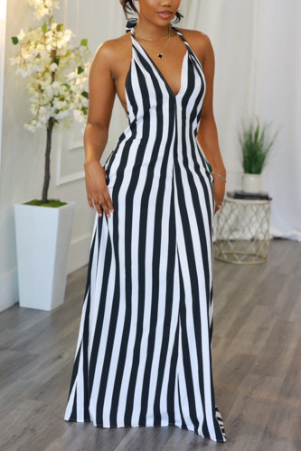 Black White Casual Striped Print Bandage Halter Printed Dress Dresses