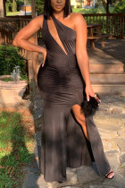 Black Sexy Solid Hollowed Out High Opening Fold One Shoulder One Shoulder Dress Dresses