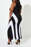 Black White Sexy Casual Patchwork Patchwork Contrast O Neck Sleeveless Dress Plus Size