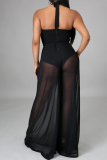 Black Sexy Casual Solid Bandage Backless Without Belt Halter Straight Jumpsuits