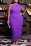 Purple Sexy Casual Solid Fold One Shoulder Sleeveless Dress Plus Size