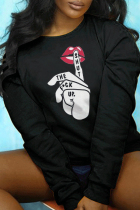 Black Casual Street Lips Printed Patchwork O Neck Tops