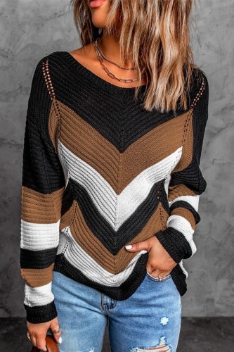 Brown Casual Patchwork Contrast O Neck Tops