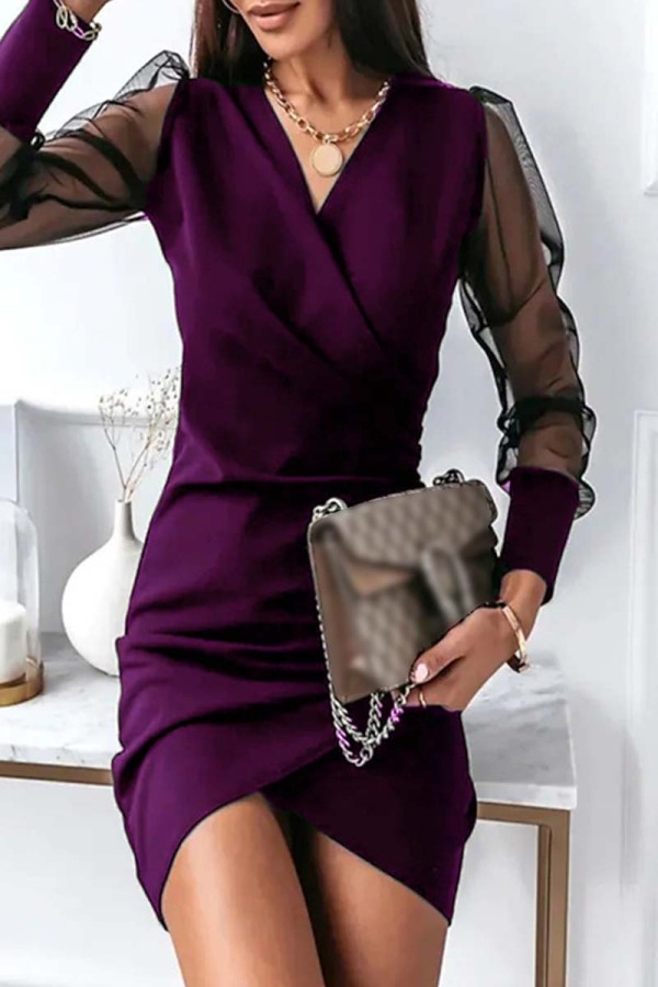 Purple Casual Solid Patchwork See-through V Neck Long Sleeve Dresses