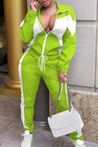 Fluorescent Green Casual Solid Patchwork Contrast Zipper Collar Long Sleeve Two Pieces