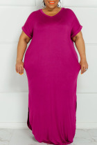 Rose Red Casual Solid Patchwork Slit V Neck Straight Plus Size Dresses