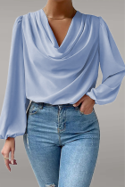 Blue Casual Solid Patchwork U Neck Tops
