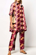 Rose Red Casual Print Patchwork Shirt Collar Long Sleeve Two Pieces