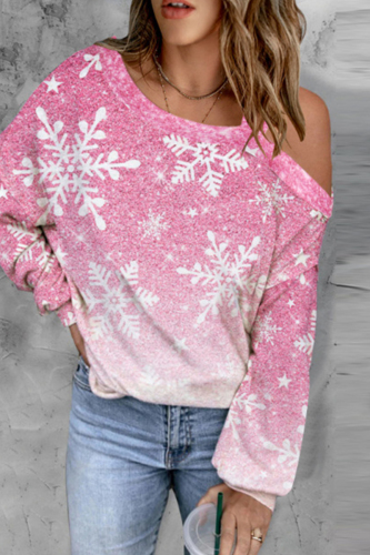 Pink Casual Gradual Change Print Basic Oblique Collar Tops