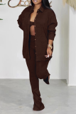 Coffee Casual Solid Patchwork Turndown Collar Long Sleeve Three Pieces