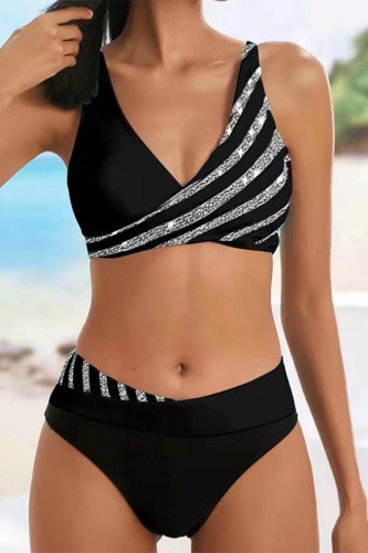Black Sexy Print Bandage Patchwork Backless Swimwears (With Paddings)