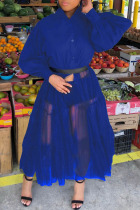 Navy Blue Fashion Casual Patchwork Solid Mesh Without Belt Mandarin Collar Swagger Dresses