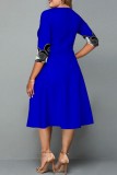 Blue Casual Print Basic O Neck A Line Plus Size Dresses