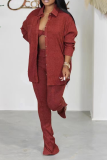 Burgundy Casual Solid Patchwork Turndown Collar Long Sleeve Three Pieces
