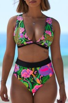 Green Sexy Print Patchwork Backless Swimwears (With Paddings)