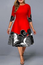 Red Casual Print Basic O Neck A Line Plus Size Dresses