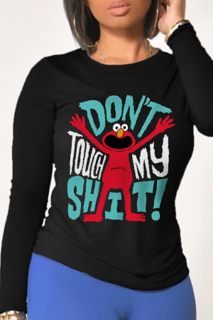 Black Street Character Patchwork O Neck Tops