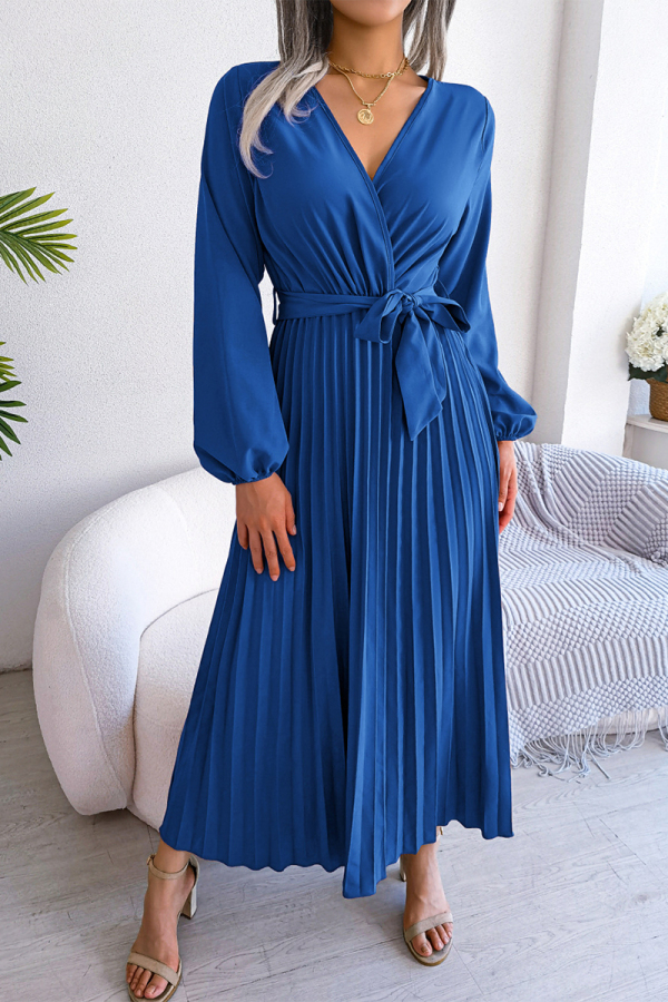 Royal Blue Elegant Solid Frenulum Fold V Neck Pleated Dresses