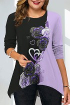 Purple Casual Print Patchwork O Neck Tops