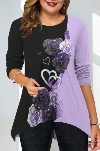 Purple Casual Print Patchwork O Neck Tops