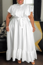 White Plus Size Casual Solid Flounce Mandarin Collar Shirt Dress