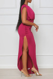 Rose Red Casual Solid Patchwork Slit Fold Asymmetrical O Neck Straight Dresses