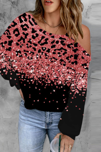 Red Casual Gradual Change Print Basic Oblique Collar Tops