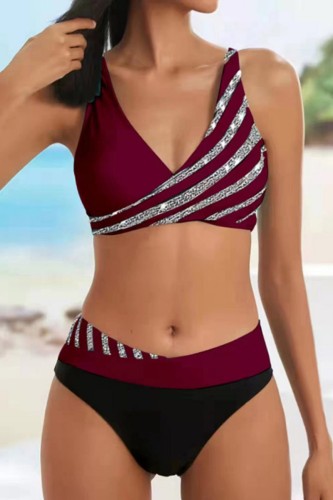 Burgundy Sexy Print Bandage Patchwork Backless Swimwears (With Paddings)