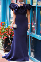 Tibetan Blue Elegant Solid Patchwork Off the Shoulder Dresses