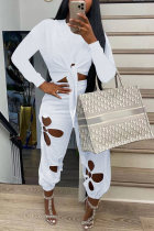 White Casual Solid Patchwork O Neck Long Sleeve Two Pieces