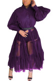purple Fashion Casual Patchwork Solid Mesh Without Belt Mandarin Collar Swagger Dresses