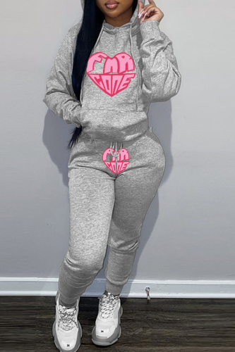 Grey Street Print Patchwork Draw String Hooded Collar Plus Size Two Pieces