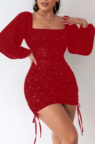 Burgundy Casual Solid Patchwork Square Collar One Step Skirt Dresses