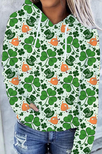 White Green Casual Print Patchwork Draw String Hooded Collar Tops