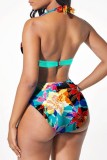 Green Sexy Print Bandage Patchwork Backless Swimwears  (With Paddings)