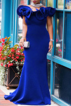 Blue Elegant Solid Patchwork Off the Shoulder Dresses