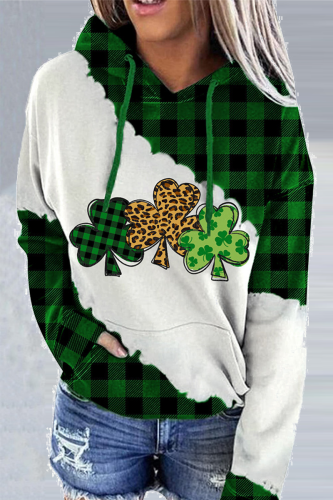Green Yellow Street Print Patchwork Draw String Hooded Collar Tops