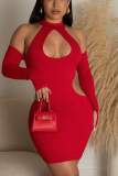 Red Sexy Solid Hollowed Out Halter Sheath Dresses