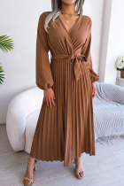 Coffee Elegant Solid Frenulum Fold V Neck Pleated Dresses