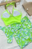 Fluorescent Green Sexy Print Bandage Backless Swimsuit Three Piece Set (With Paddings)