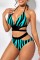 Blue Sexy Print Bandage Hollowed Out Patchwork Backless Swimwears (With Paddings)