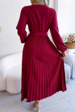 Coffee Elegant Solid Frenulum Fold V Neck Pleated Dresses