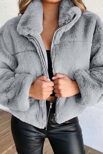 Grey Faux Fur Casual Solid Patchwork Zipper Collar Outerwear