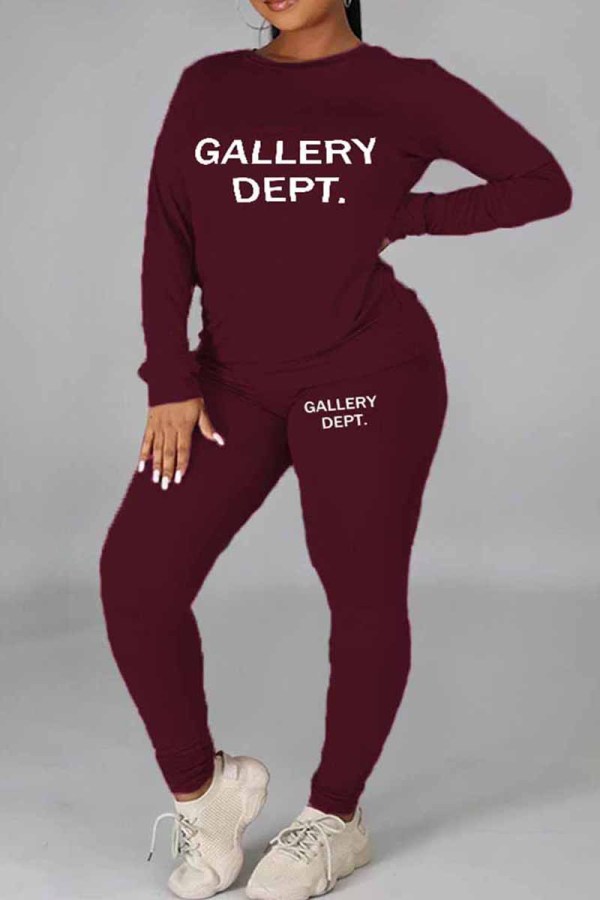 Burgundy Casual Print Letter O Neck Plus Size Two Pieces